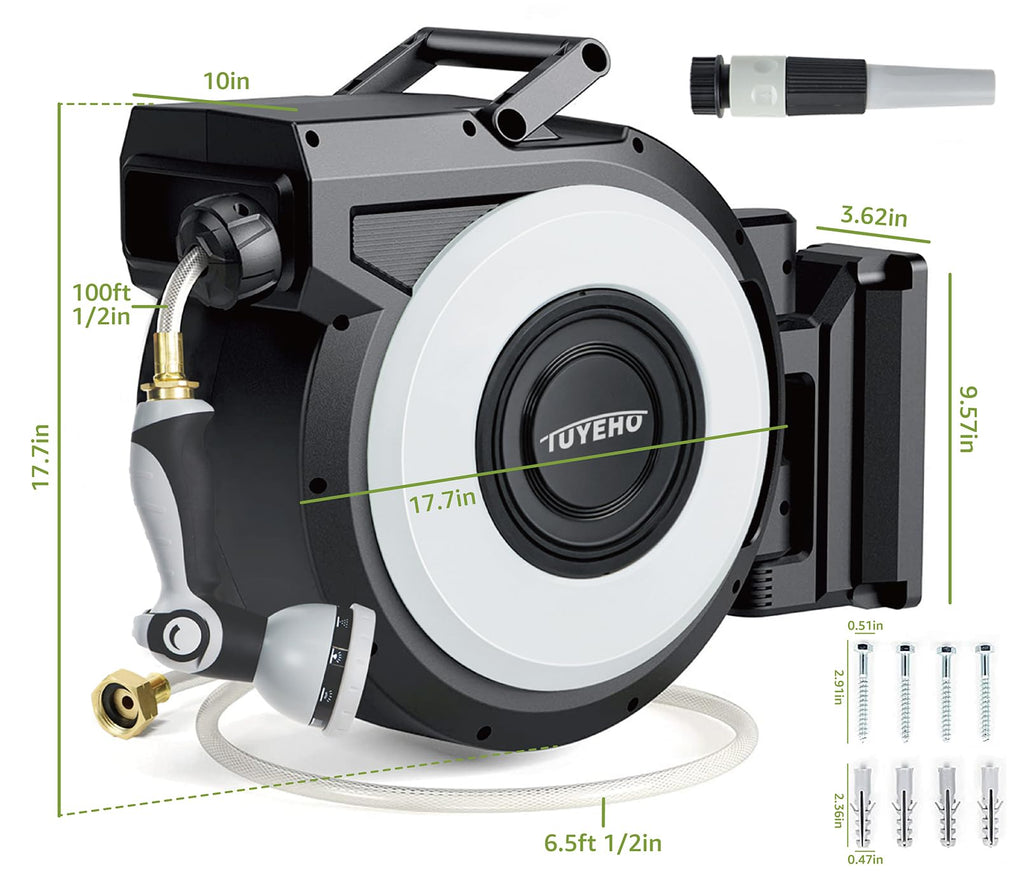 FT Retractable Garden Hose Reel Wall Mount Heavy Duty Automatic Rewind 2 Nozzles BlackCream