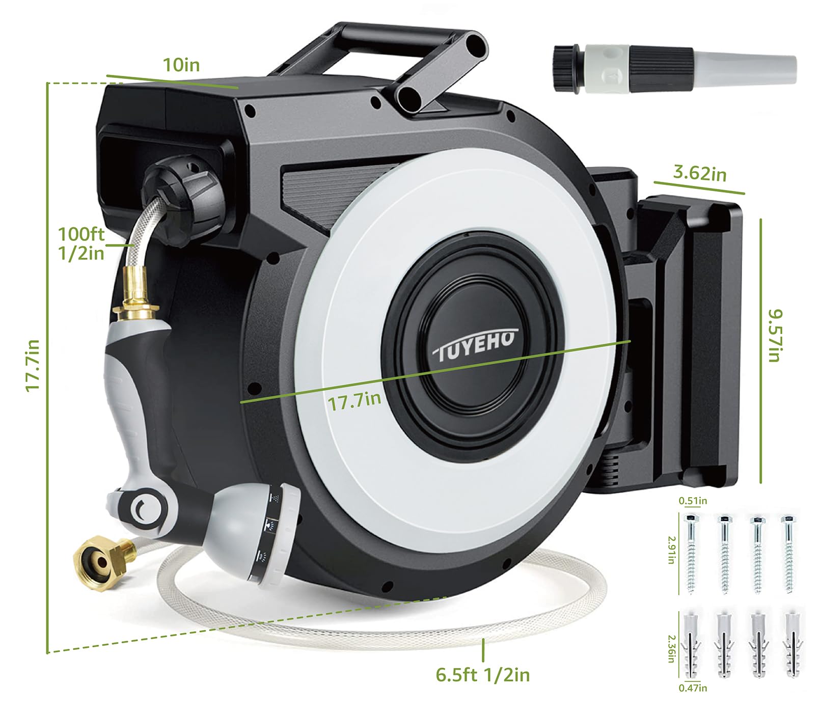 FT Retractable Garden Hose Reel Wall Mount Heavy Duty Automatic Rewind 2 Nozzles BlackCream
