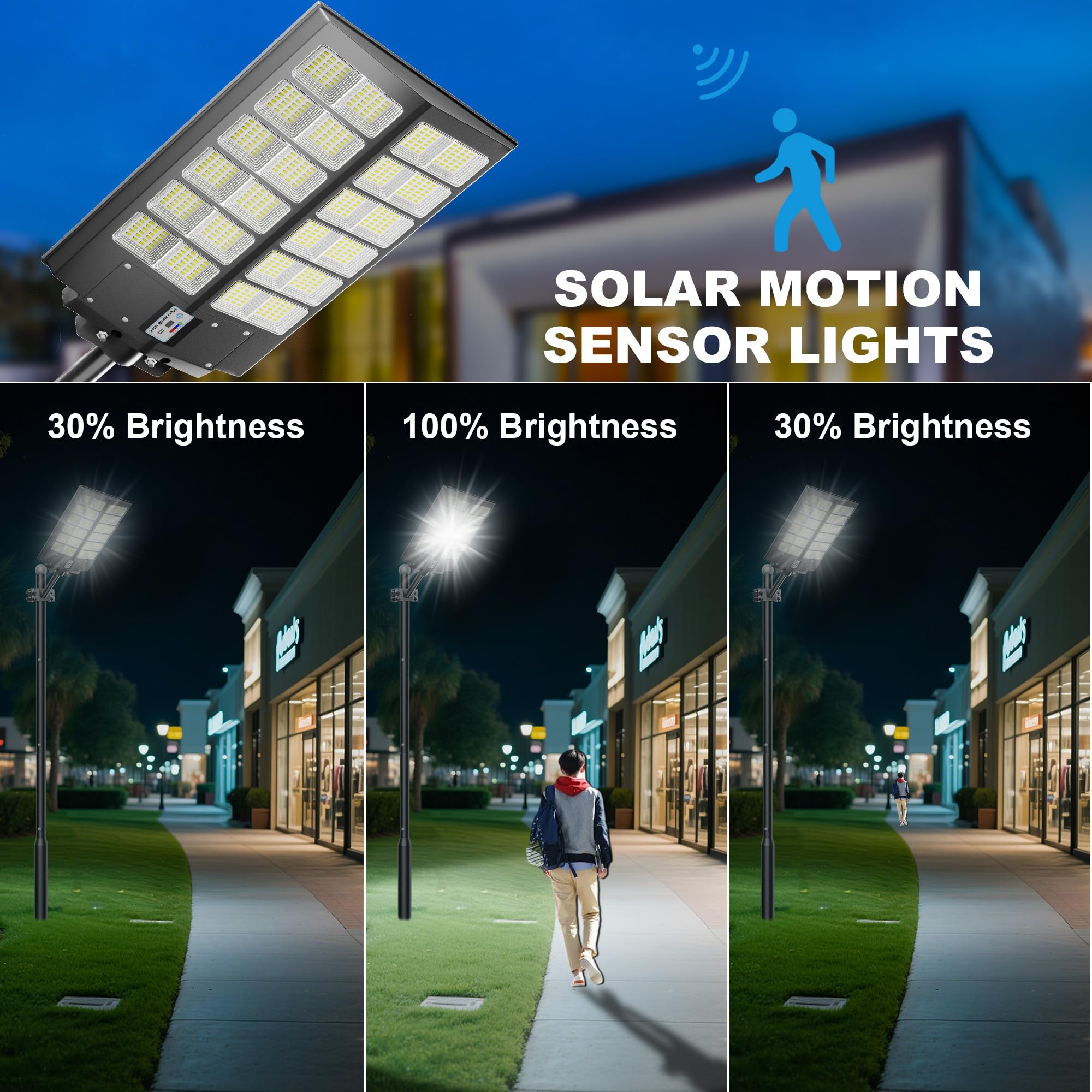 W LED Solar Powered Outdoor Street Light with Dusk-to-Dawn Motion Sensor - Black