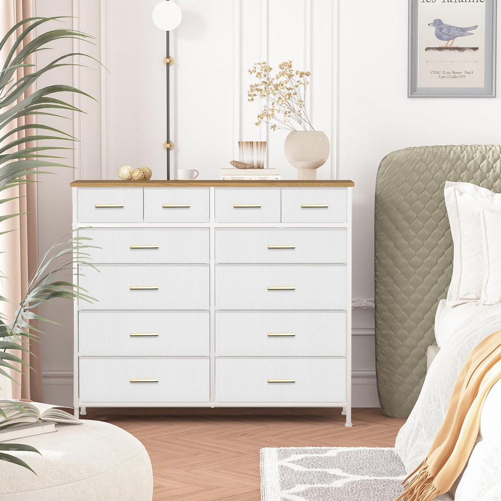 White Tall Fabric Dresser with 12 Deep Drawers  Retro Wood Top