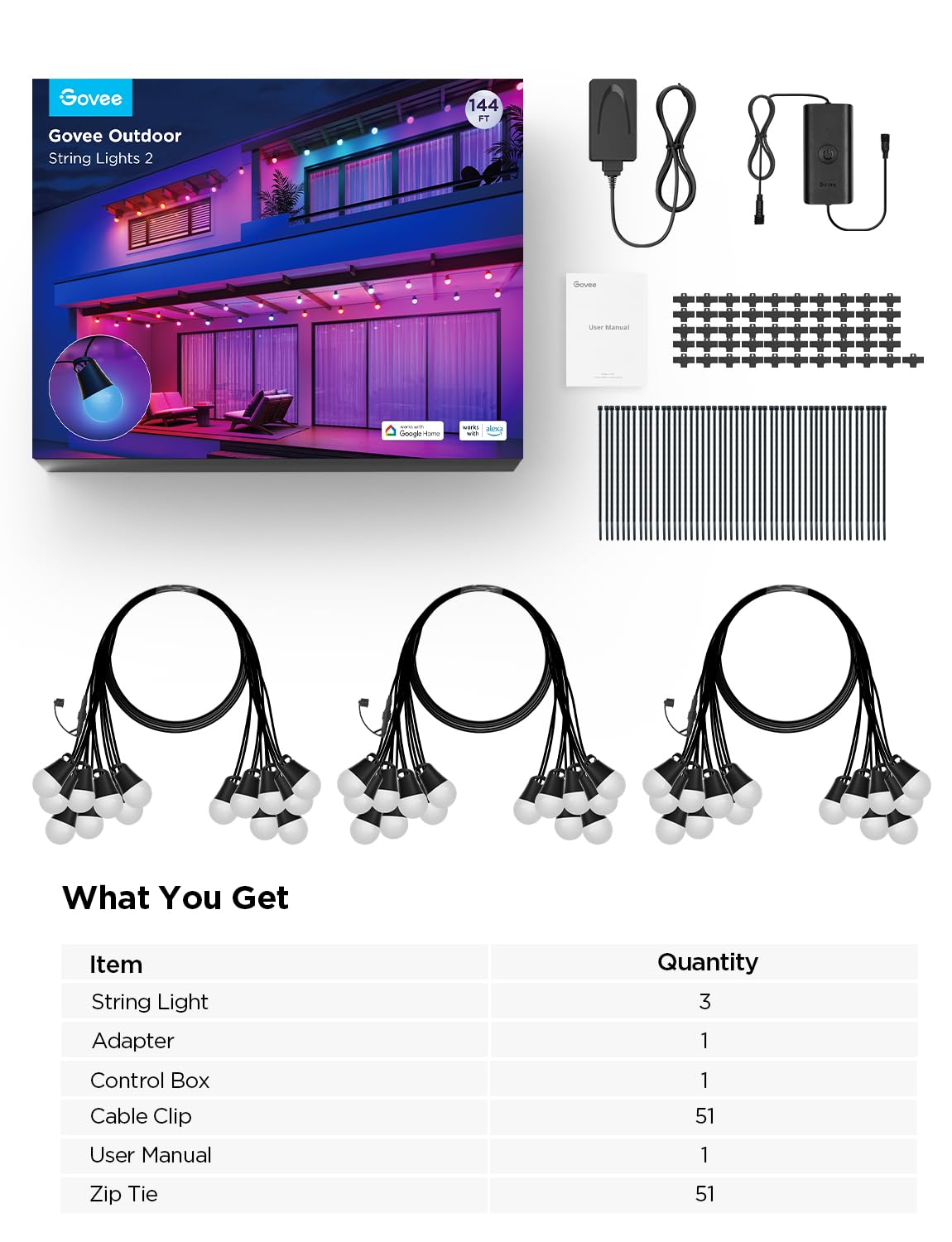 Open-Box New Govee Smart 144ft Dimmable LED RGBICW Alexa - Outdoor String Lights