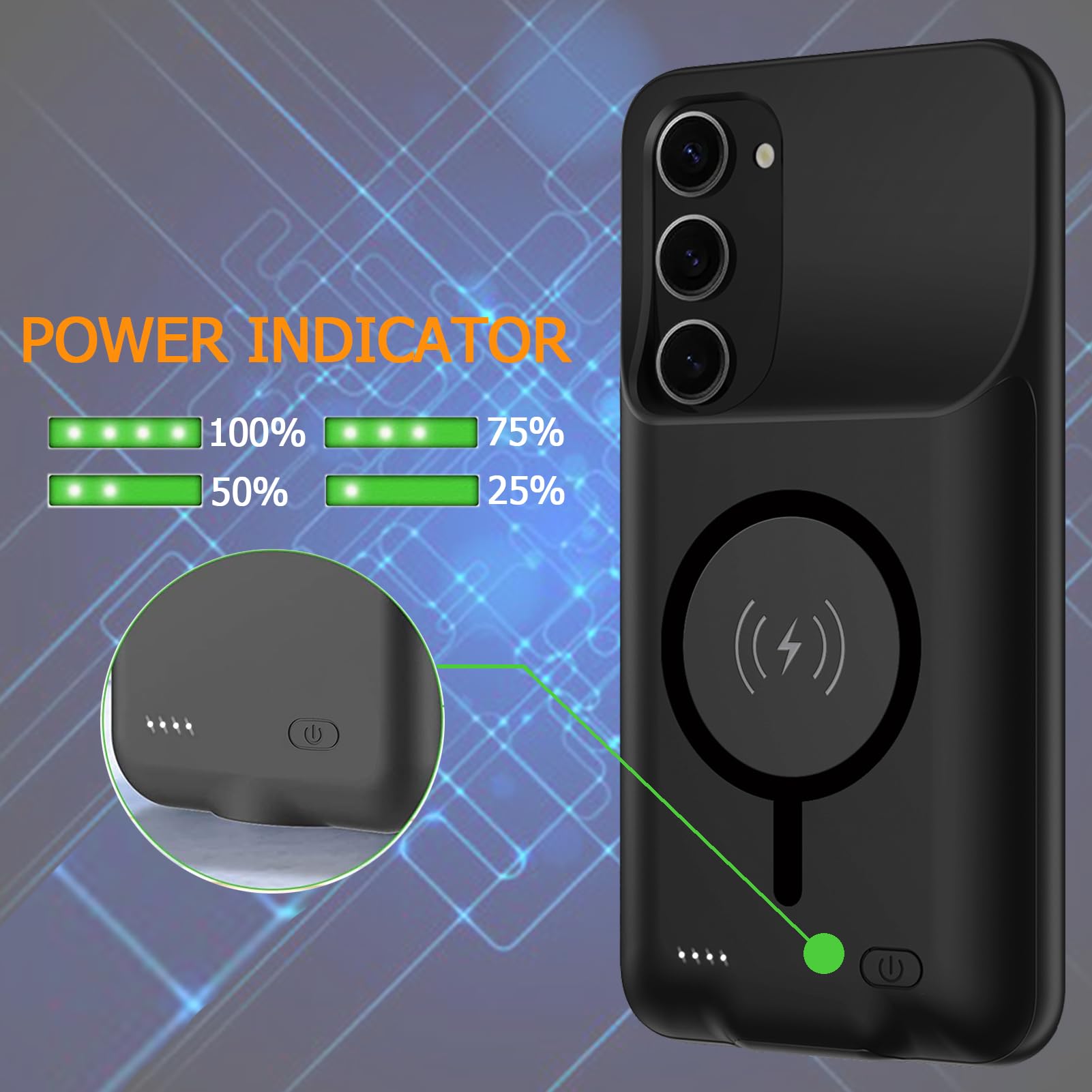 Black 12000mAh Slim Portable Fast Charging Battery Case for Samsung Galaxy S23 Plus