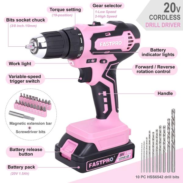 FASTPRO 232-Piece Pink Drill Set for Women, Pink Tool Set with Bag