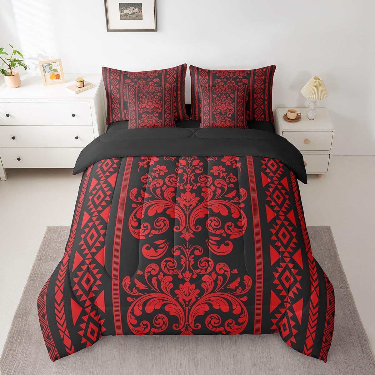 New RezsoyeN Red Damask Full Size 7-Piece Comforter  Sheet Set - Victorian Baroque