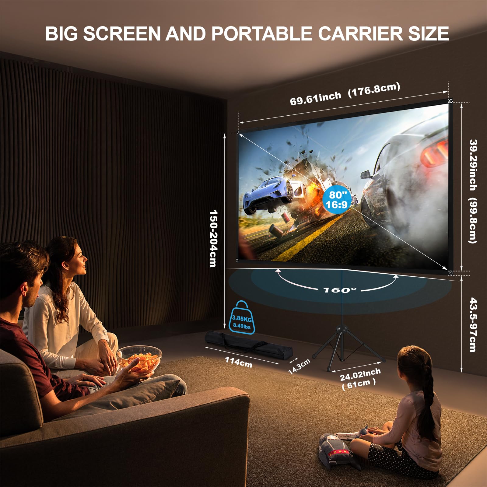 Portable Projector Screen with Stand, Outdoor Movie Screen, 80 Inch 16:9, Light-Weight, Mobile and Compact, Easy Setup and Carrying, Projection Screen with 1.2 Gain Glass Fiber, Idea for Home Cinema. Retail $79.00