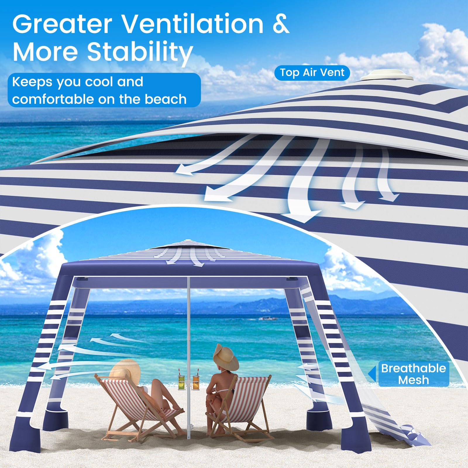 MoKo Beach Cabana, 8'×8' Large Beach Canopy with Side Wall, UPF 50+ Protection Easy Setup Beach Tent Sun Shelter, Adjustable Height Wind Resistant Cabana Beach Tent for Whole Family, Navy Stripes Retail $95.00