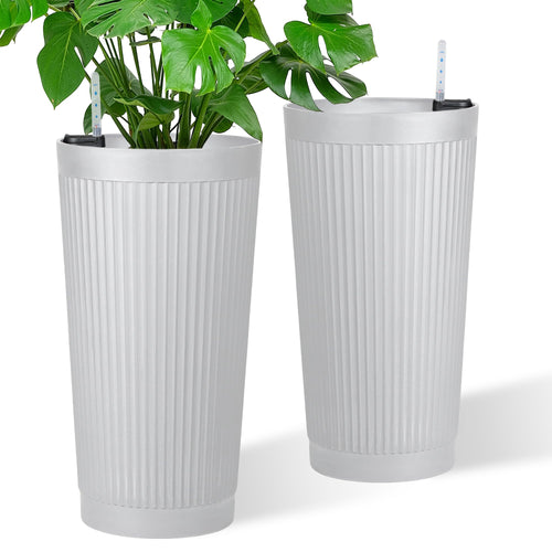 '-Pack 24in Round Plastic Self-Watering Planters with Vertical Ribbed Design White