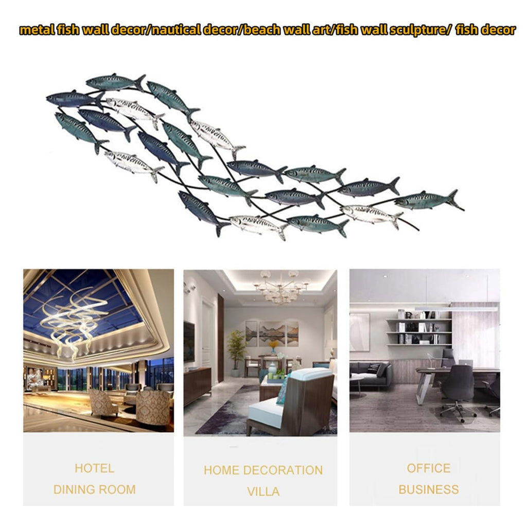 Large Metal School of Fish Wall Art Decor 59.0 x 16.5 Inches BlueWhiteGreen $79.50