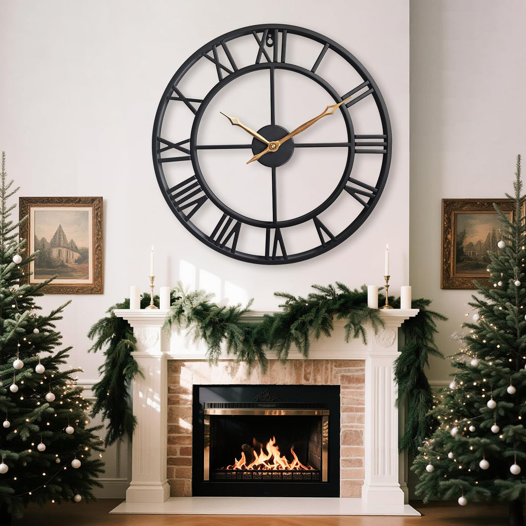 Black 18.5 Inch Metal Quiet Wall Clock with Roman Numerals