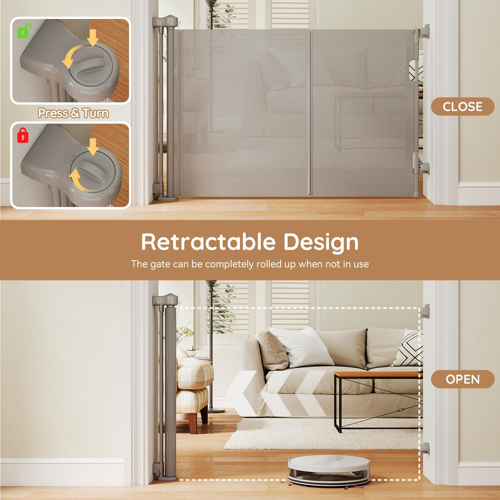 Ret retractable Baby Dog Safety Gate 59 Wide One-Hand Operation Gray