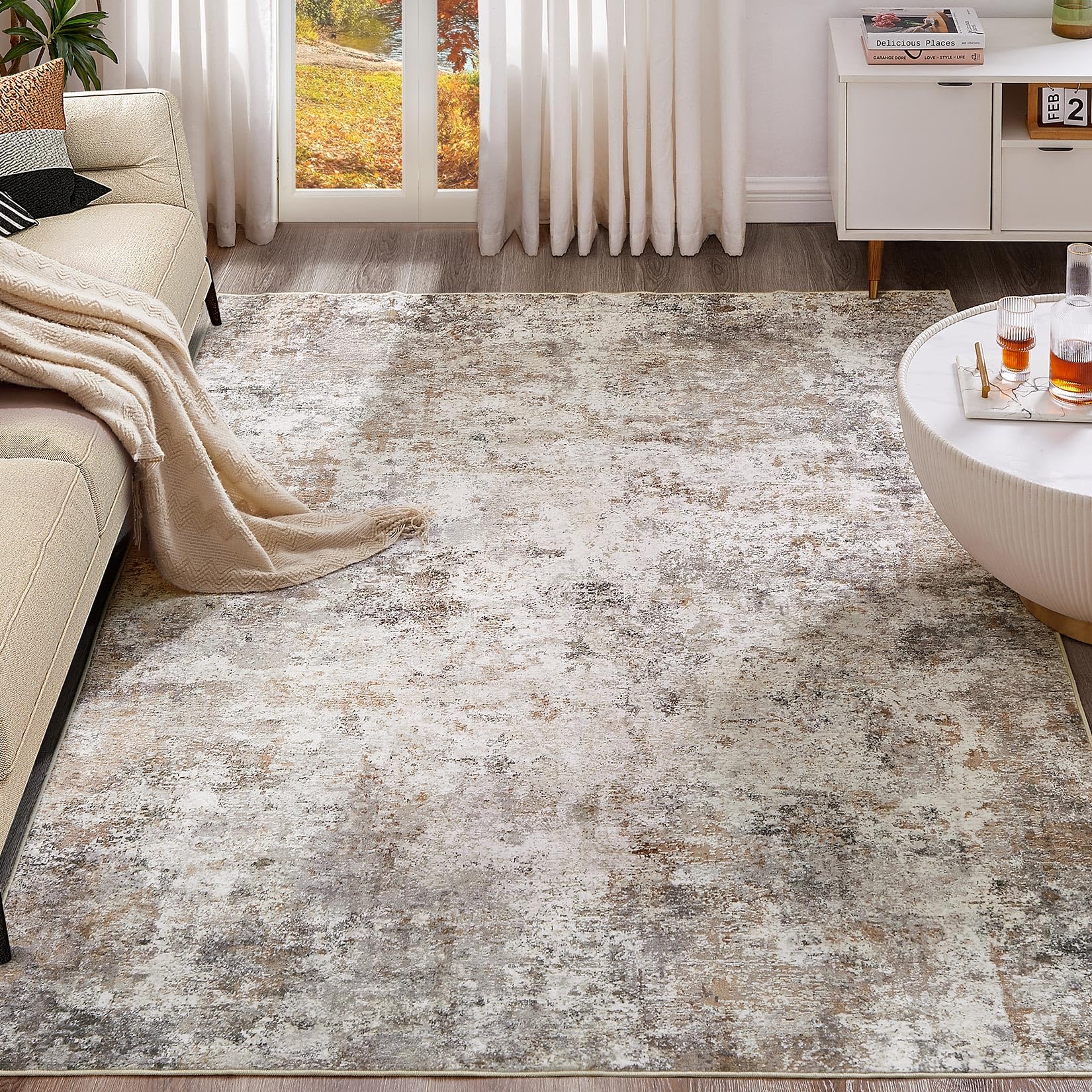 Washable Area Rug 8x10 Neutral Modern Abstract Soft Thin Non-Slip Brown Grey