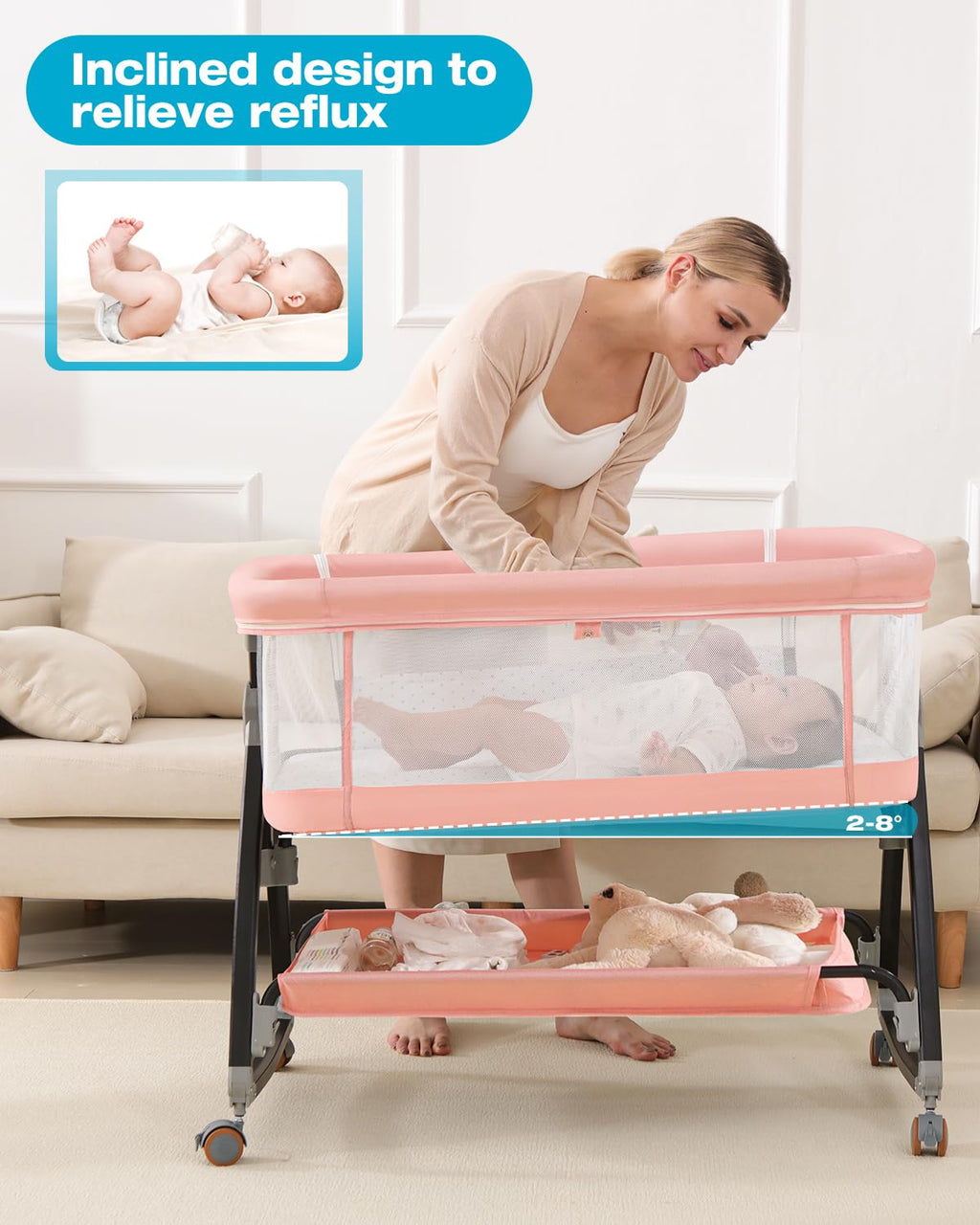 Pink Multi-functional Bedside Bassinet  Sleeper 6-Position Height Adjustable
