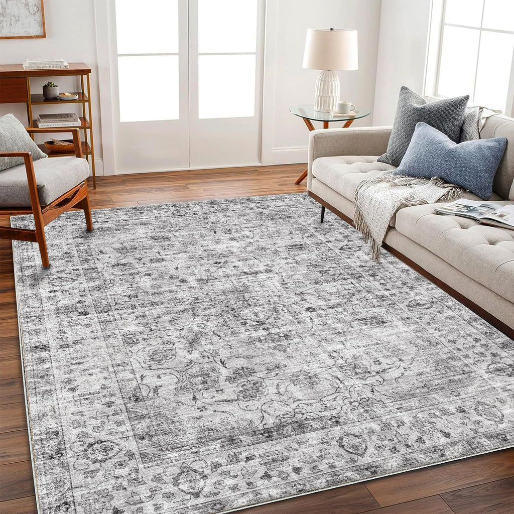 New CHAMPLANT 5x7 Washable Vintage Traditional Area Rug - Grey Floral Distressed