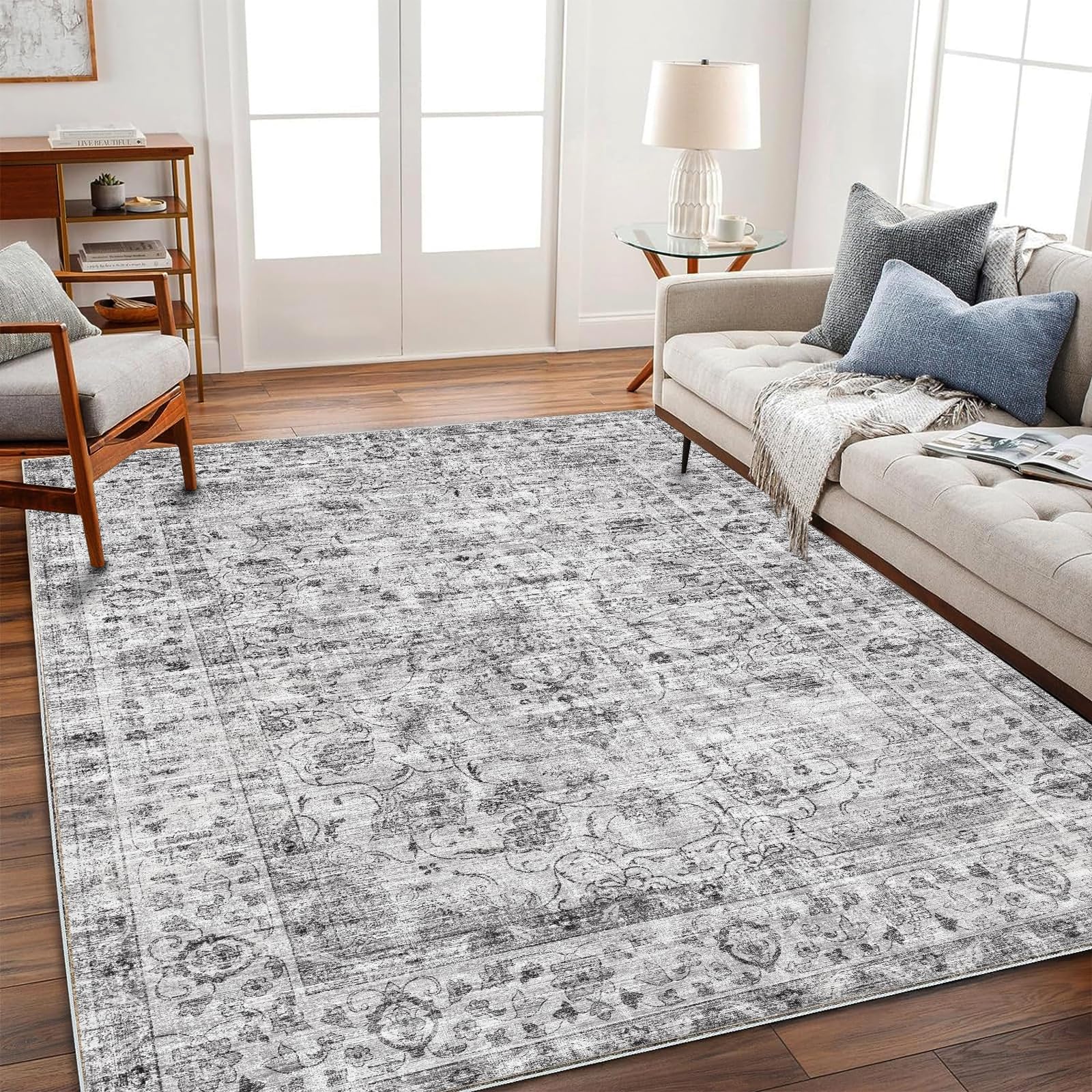 New CHAMPLANT 5x7 Washable Vintage Traditional Area Rug - Grey Floral Distressed