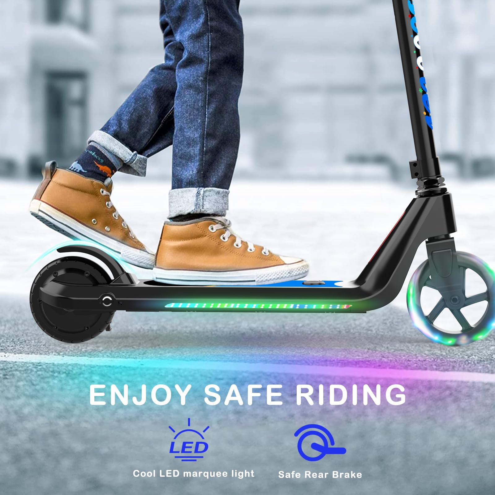 Black Electric Scooter for Kids Age 6-9 Kick-Start Adjustable SpeedHeight Flash Lights