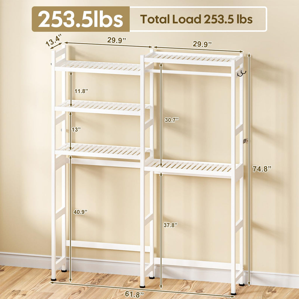 White Bamboo 5-Tier Over Washer Dryer Storage Shelf w Adjustable Shelves  Hooks