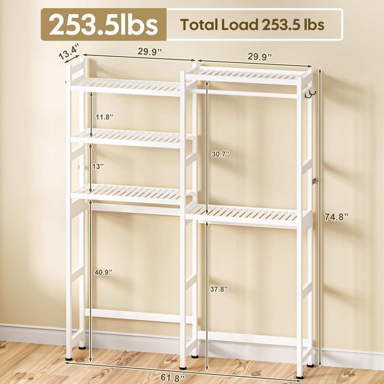 White Bamboo 5-Tier Over Washer Dryer Storage Shelf w Adjustable Shelves  Hooks