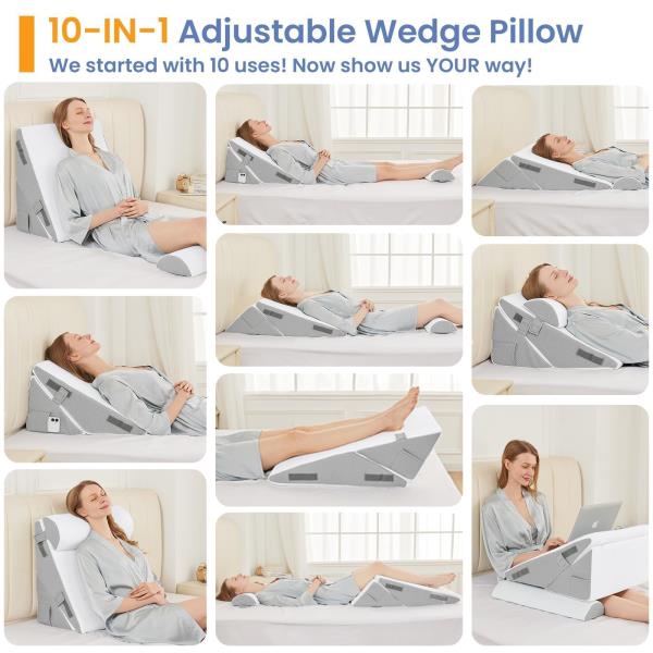 Adjustable Wedge Pillow Set 9-in and 12-in Memory Foam Support Light Grey  White