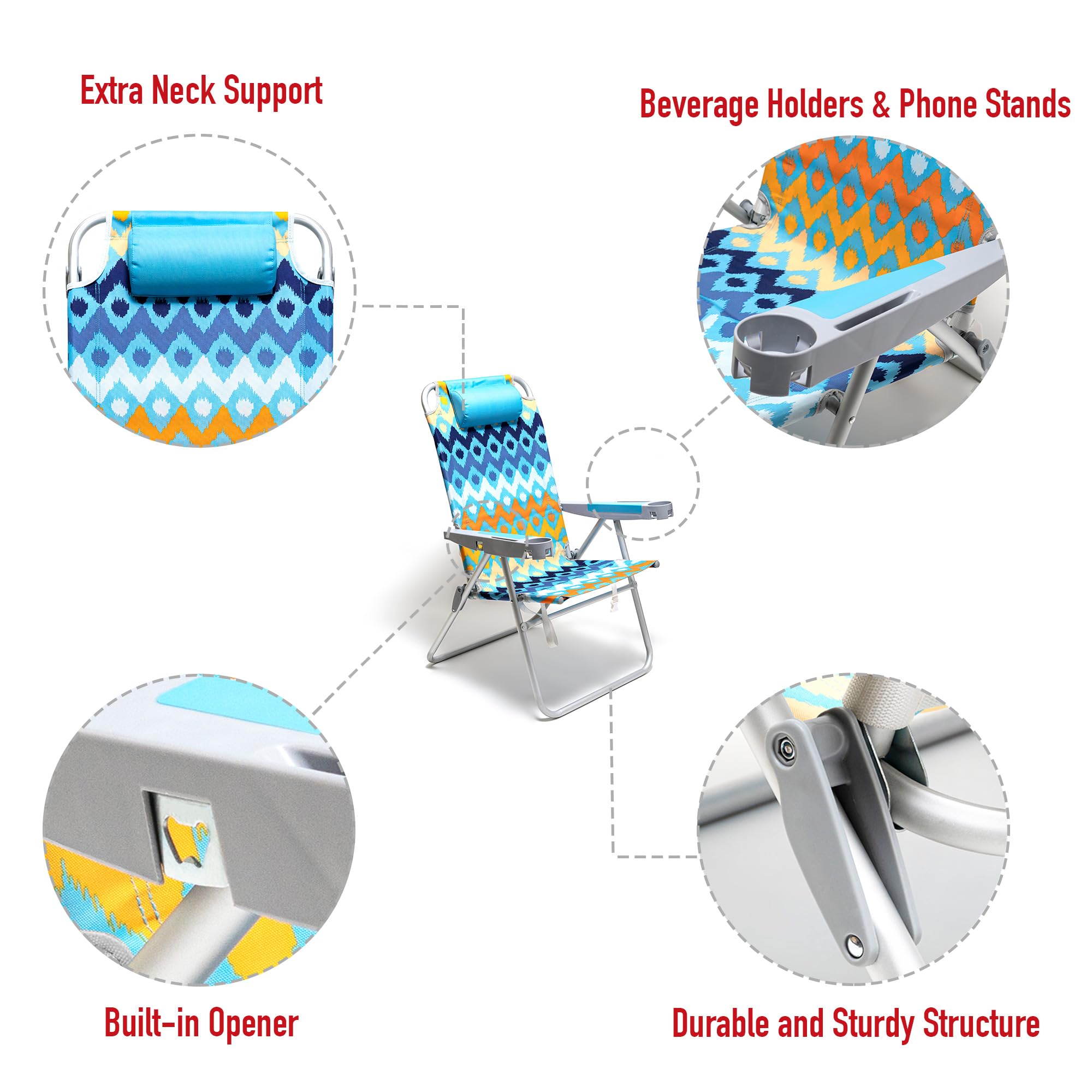 Blue Oversized 5-Position Reclining Beach Chair with Cup Holder High Back