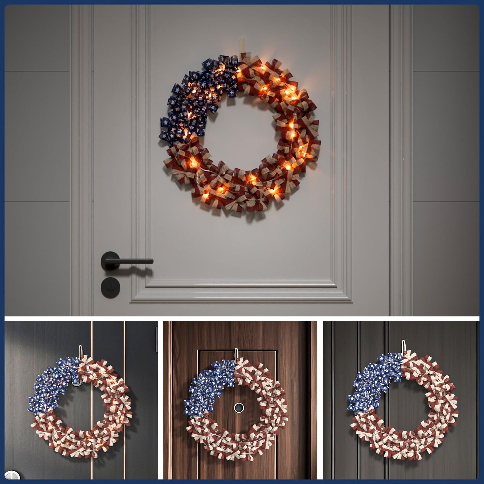 Inch Patriotic Burlap Red White Blue Wreath with Timer Light Strip