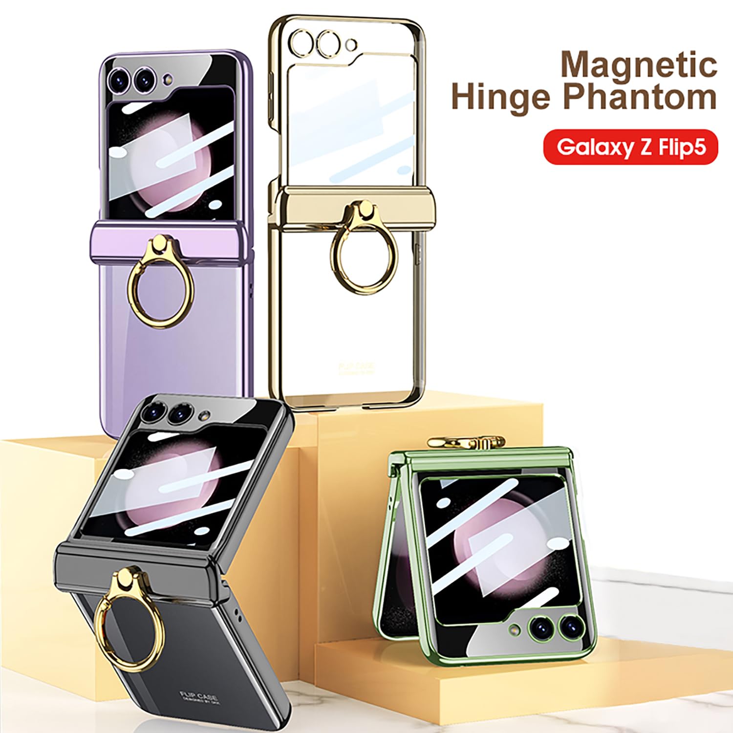 Samsung Galaxy Z Flip 5 Magnetic Hinge Ring Protection Clear Flip Case with Screen Protector Gold