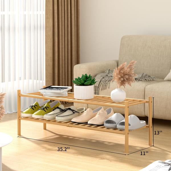 -Tier Bamboo Long Shoe Rack Stackable Wood Storage Organizer 35x11x13 Natural