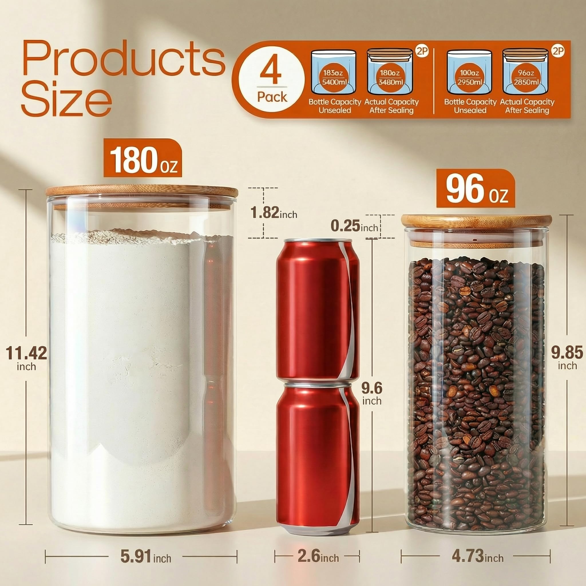 HD Clear Glass Food Jars with Bamboo Lids - Set of 4 Large Capacity