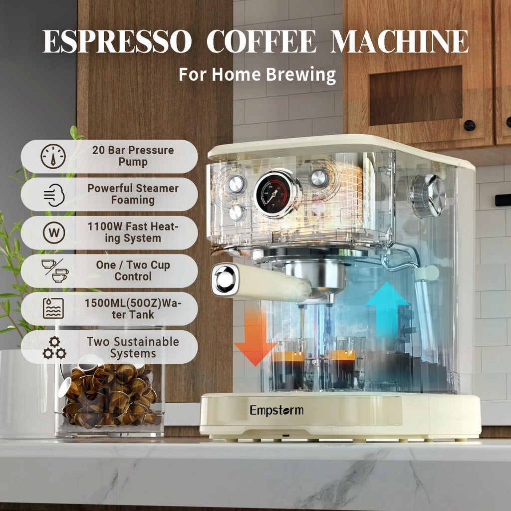'-Bar Semi-Automatic Espresso Machine w Steam Wand 1.5L Tank White