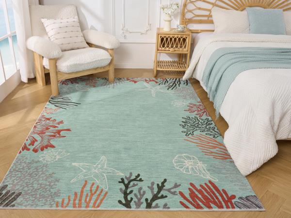 Coastal Coral Ocean Washable Area Rug 5 x 7 Aqua