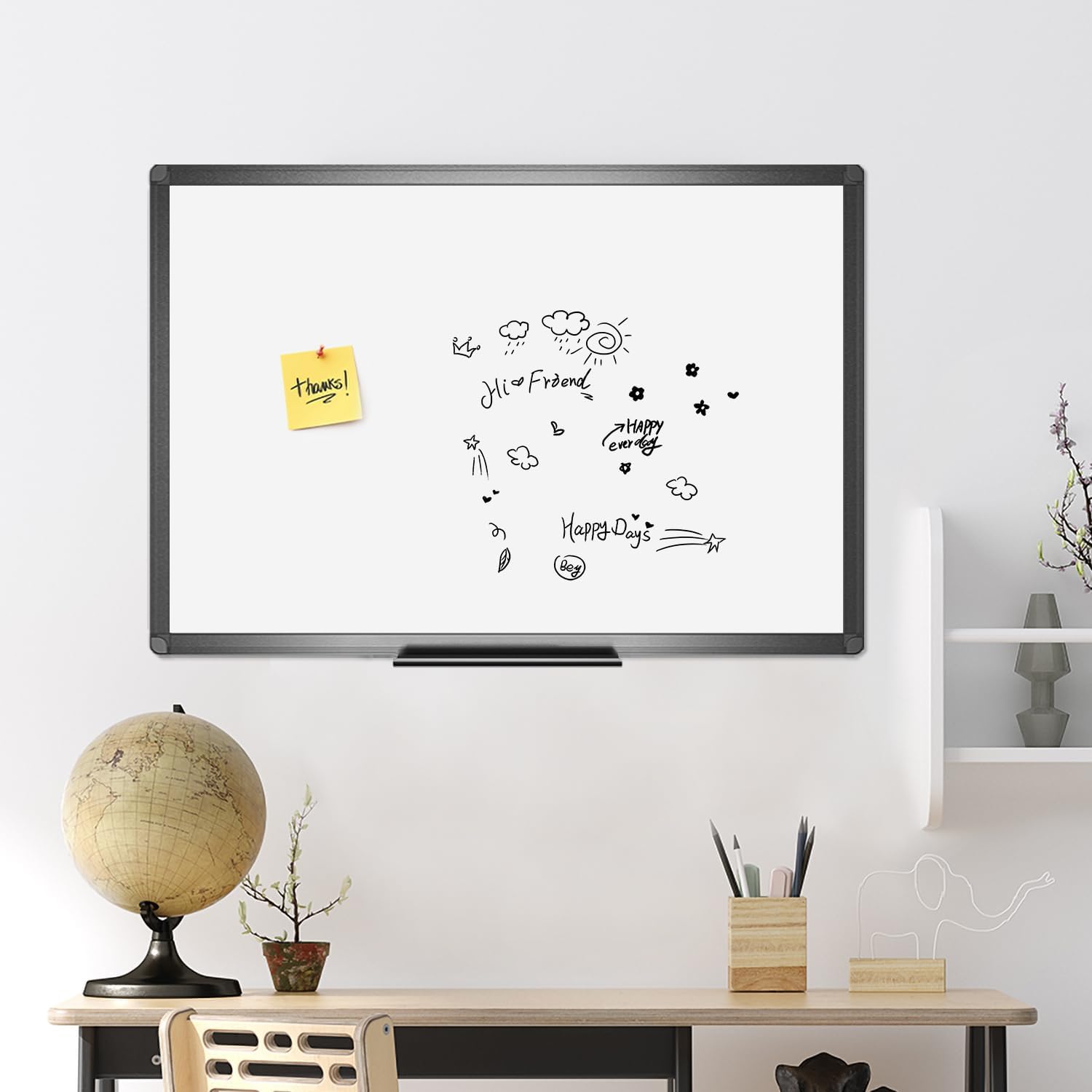 Magnetic Dry Erase White Board 36 x 24 Inches with Black Aluminum Frame