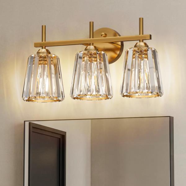 -Light Crystal Bathroom Vanity Light Fixture Gold Modern Wall Sconce with Ceramic E26 Base