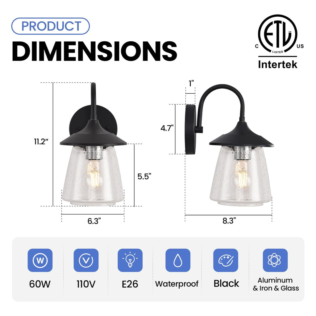 New As-Is Smeike Outdoor Wall Sconce - Waterproof Bubble Glass Matte Black 2-Pack Retail $69.00