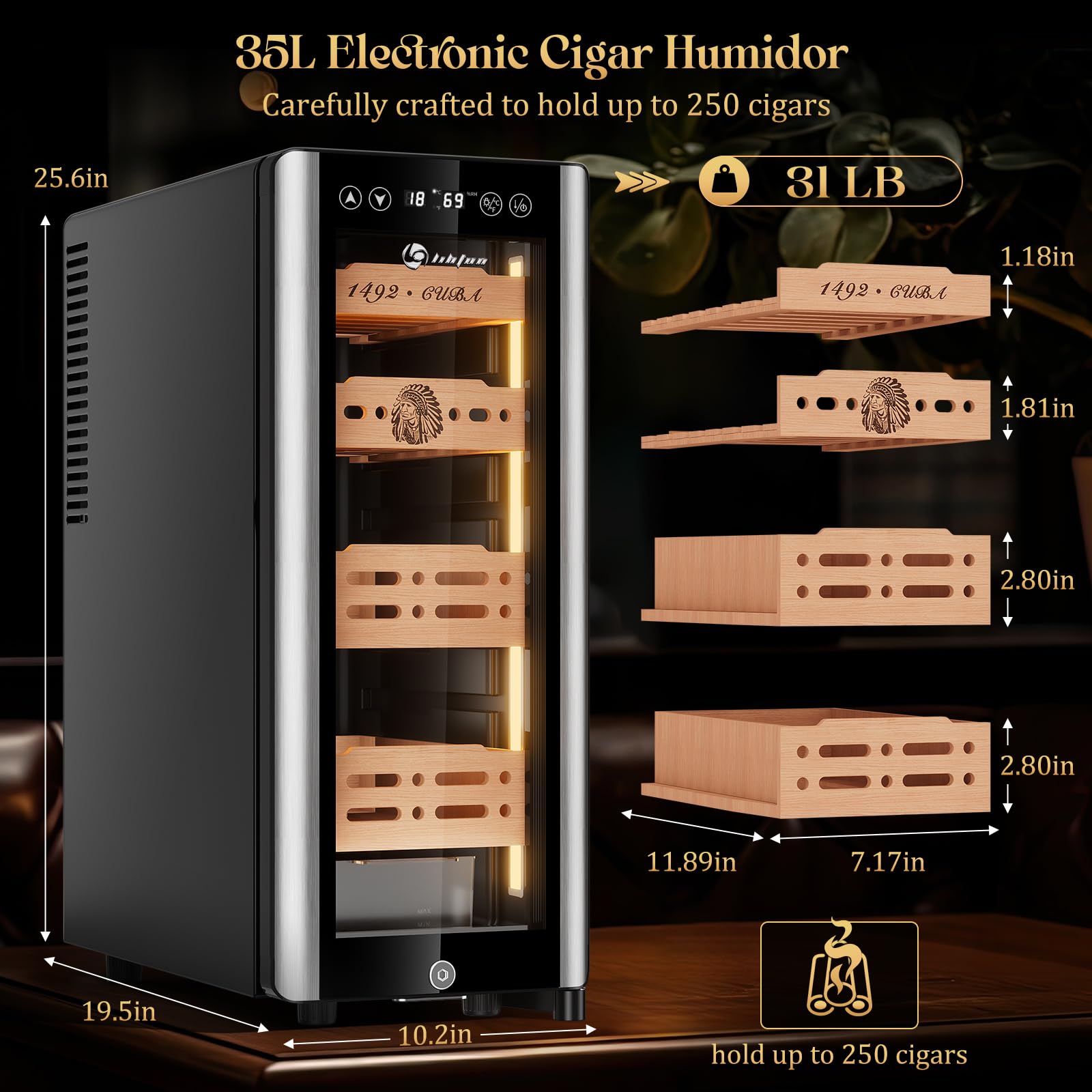LIHTUN 35L Electric Cigar Humidor Cabinet Black Retail $298.00