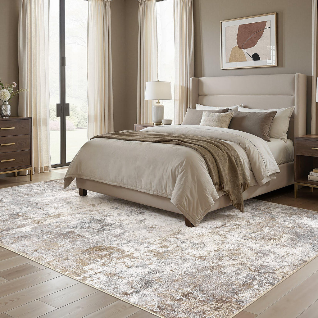 Washable Area Rug 8x10 Neutral Modern Abstract Soft Thin Non-Slip Brown Grey