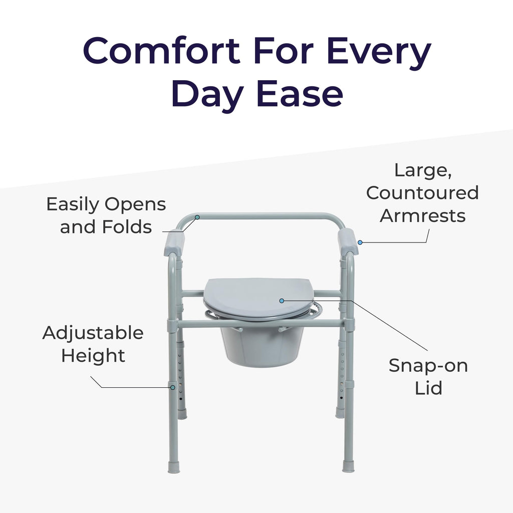 Drive Medical Folding Steel Bedside Commode Chair Portable 3-in-1 350 Lb Capacity Grey