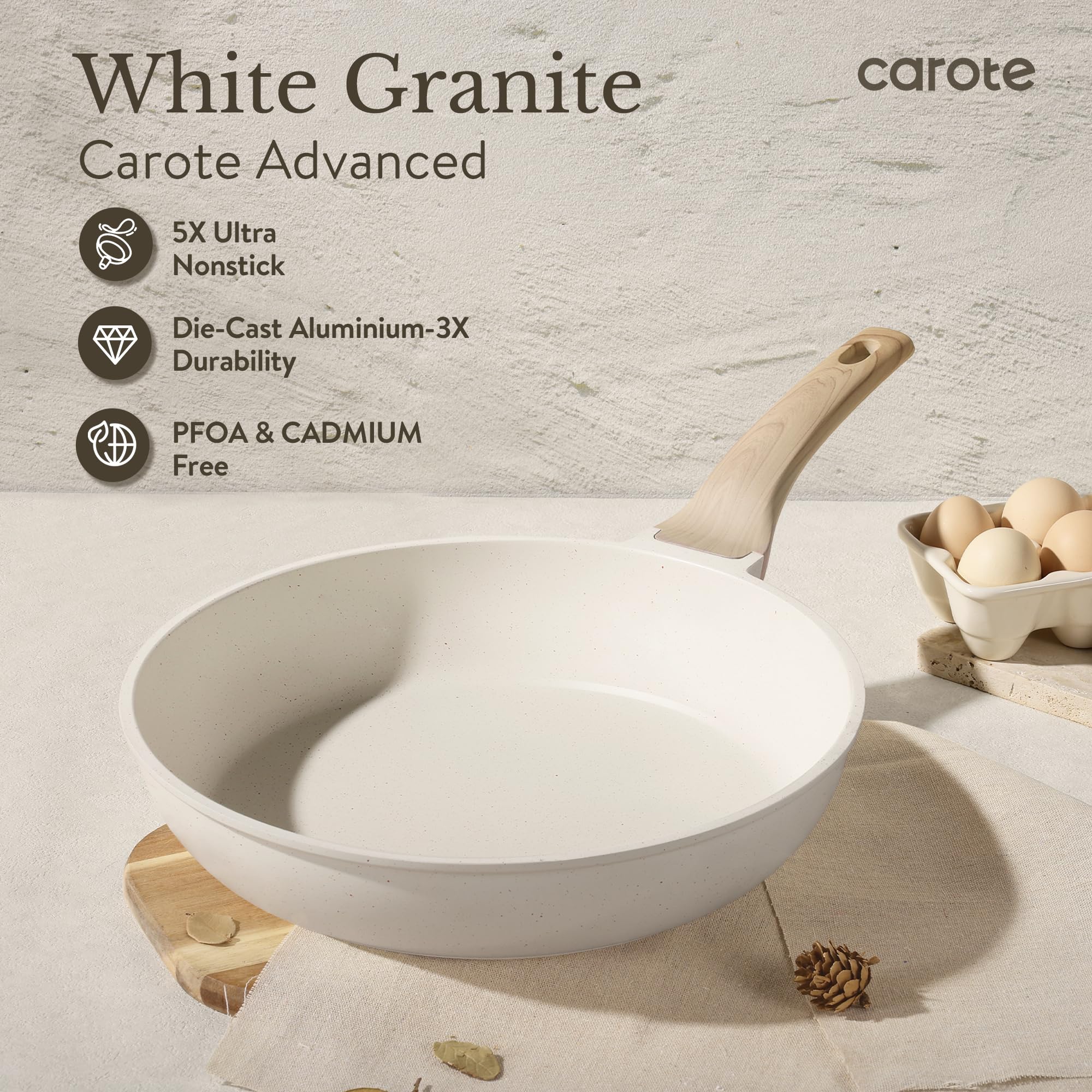 Nonstick Granite Induction Pots  Pans Cookware Set with Kitchen Knife Set Cream White