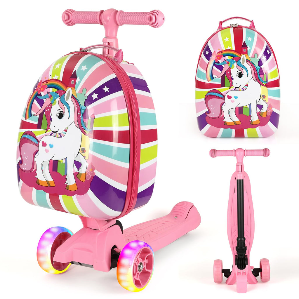 -in-1 Ride-On Scooter Suitcase Hardside for Kids LED Wheels Retractable Handle Pink