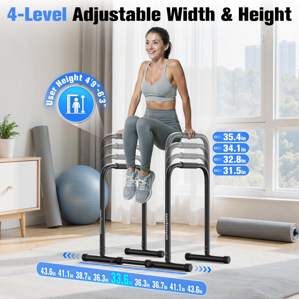 Open-Box New Sportsroyals DP3 Adjustable Dip Station 400LBS Heavy Duty Parallette Bars - Black.