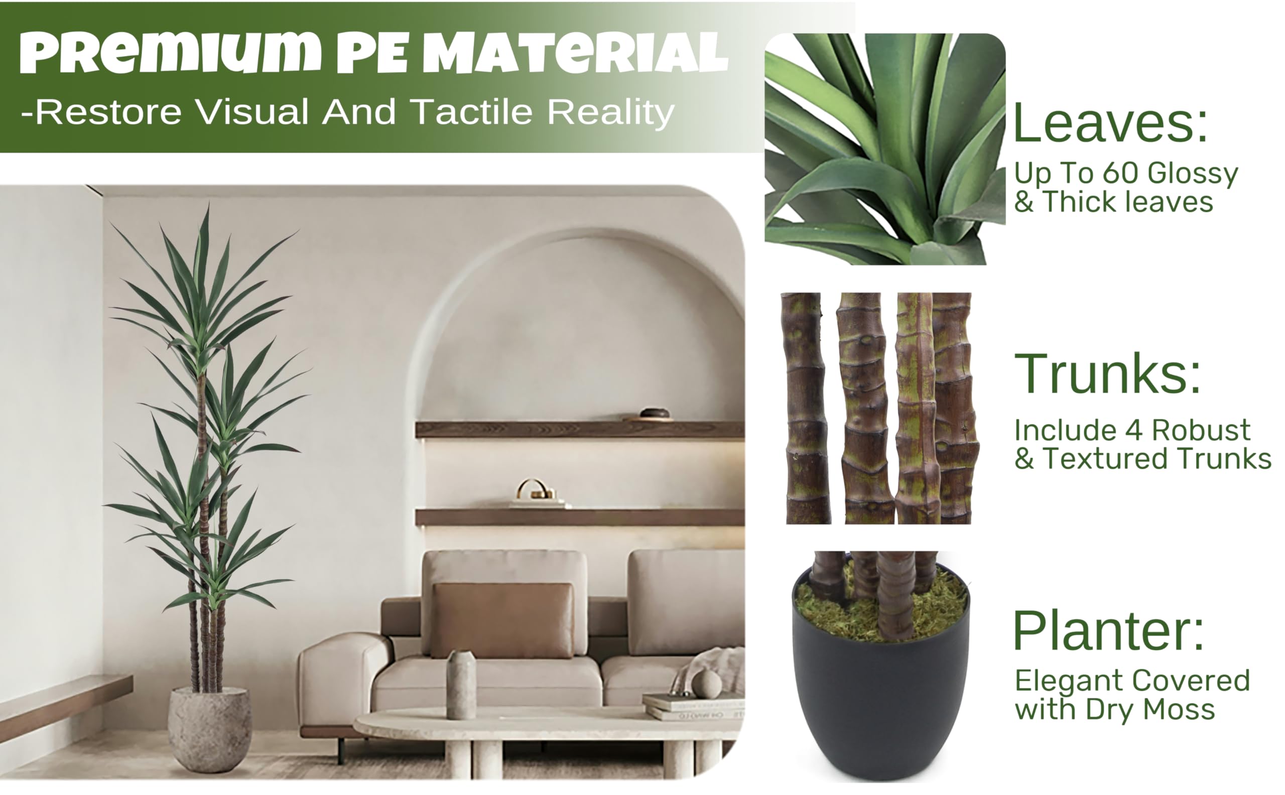 Artificial Agave Plant Tree 7FT Tall 60 Leaves 4 Trunks with Black Pot