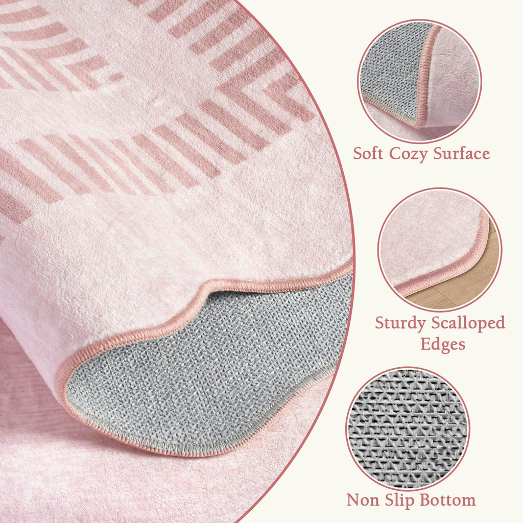 Pink 8x10 Machine Washable Non-Slip Low-Pile Area Rug with Scalloped Design