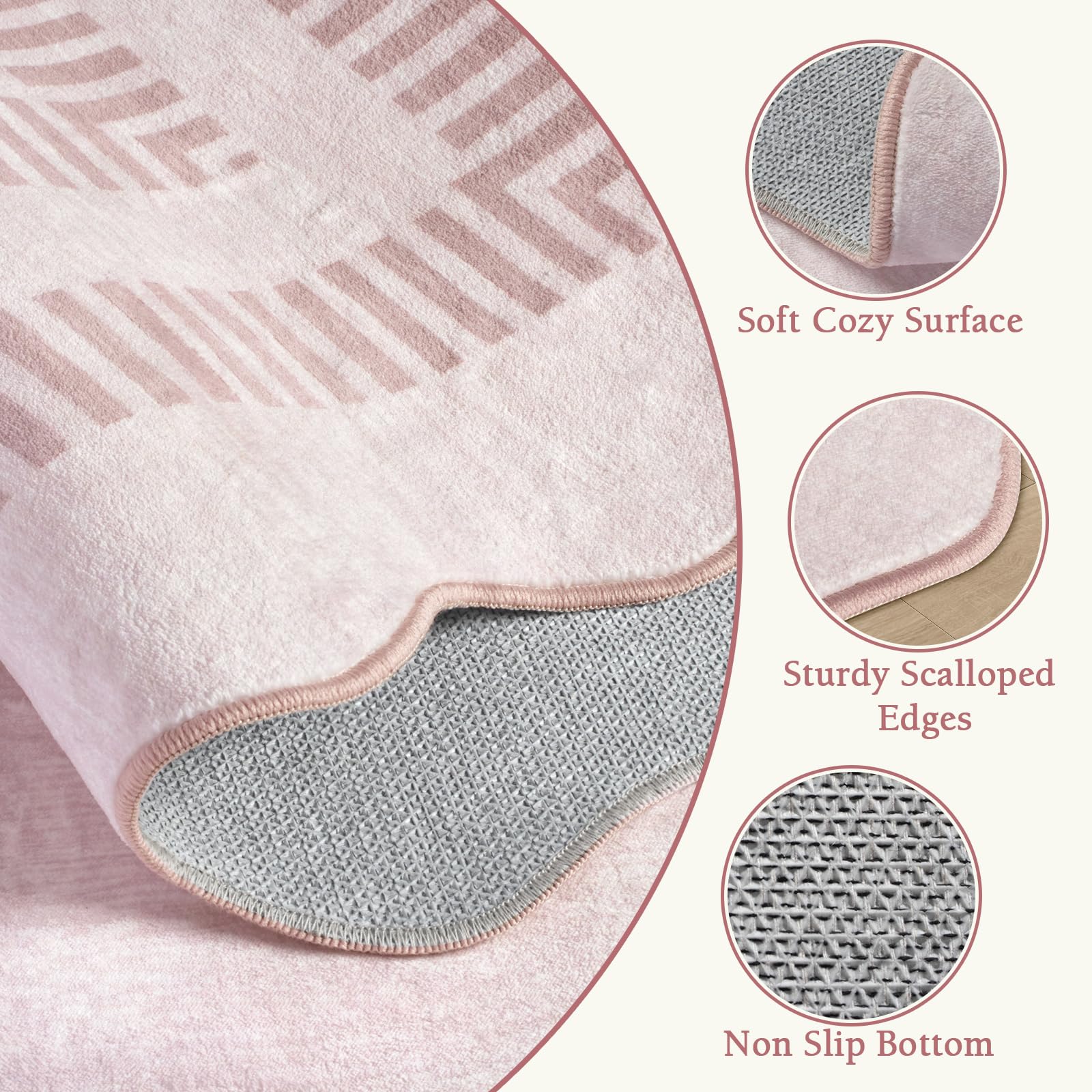Pink 8x10 Machine Washable Non-Slip Low-Pile Area Rug with Scalloped Design