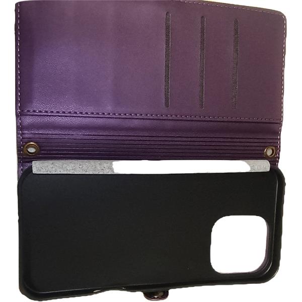 Purple Leather Wallet Case with Strap for iPhone 13 Pro Max