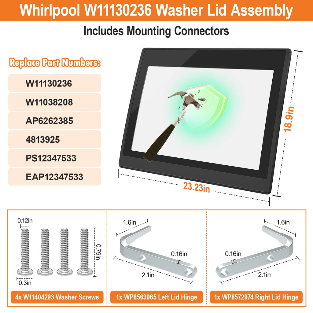 W11130236 Washer Glass Lid Replacement for Whirlpool Top Load Washing Machine with Hinges Retail $245.00