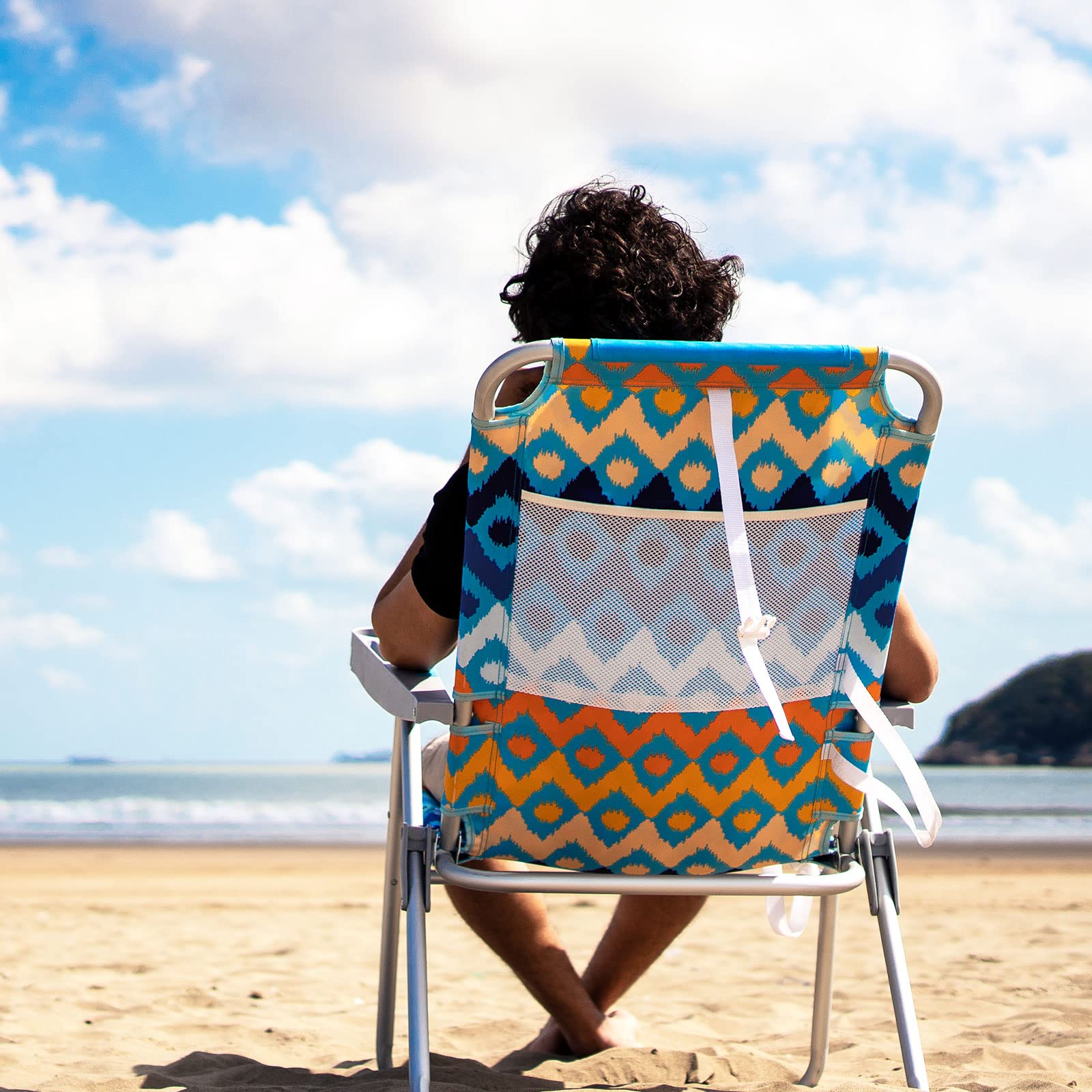 Blue Oversized 5-Position Reclining Beach Chair with Cup Holder High Back