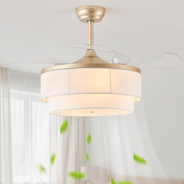 YMKSKJ 42" Retractable Fandelier Ceiling Fan with Light, Boho Chandelier Ceiling Fan with Remote, 6 Speeds Reversible for Bedroom Living Room (Gold) Retail $168.00