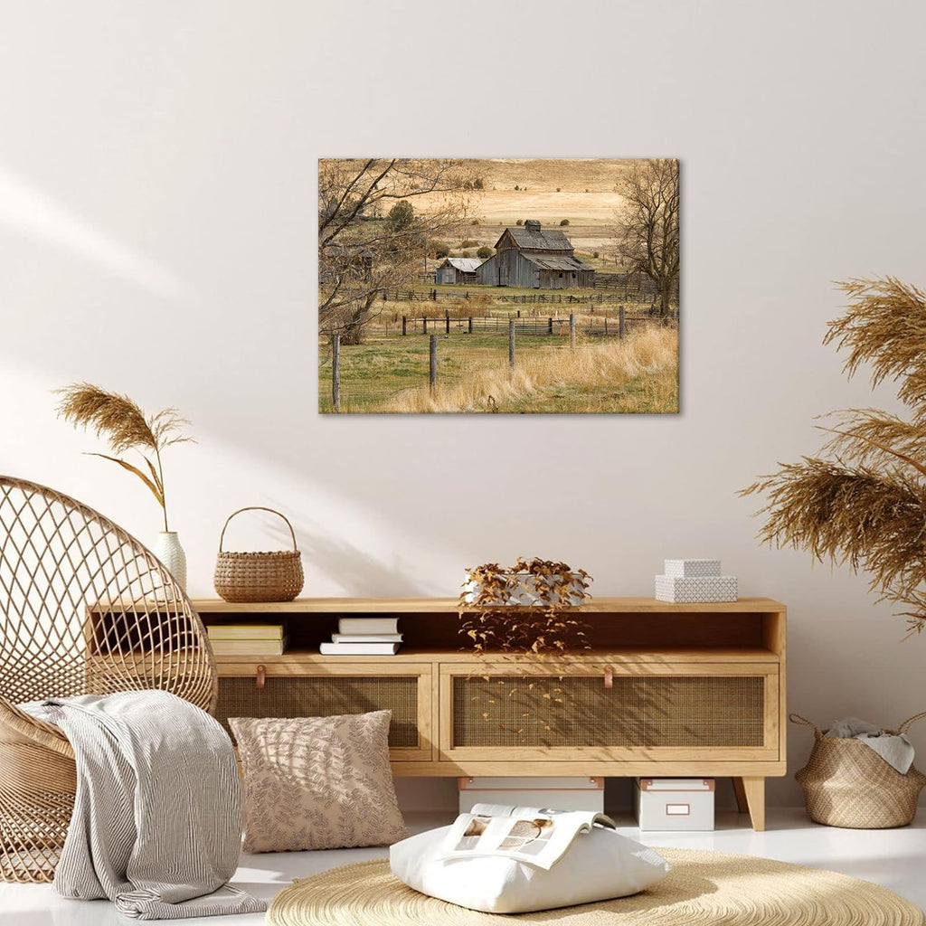 Framed Rustic Farmhouse Canvas Wall Art Vintage Barn Landscape 24x16 Inch Ready to Hang