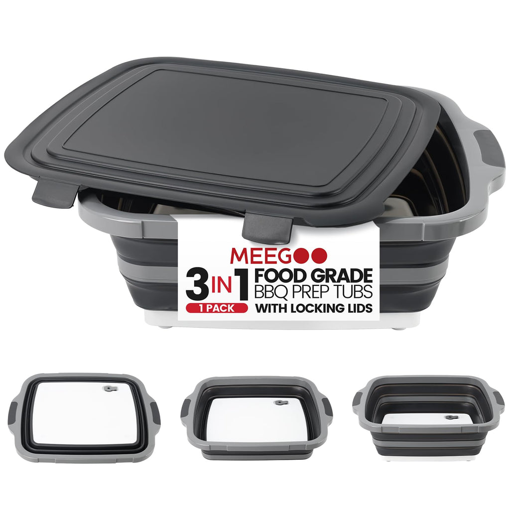 -IN-1 Large 16L Collapsible Cutting Board Prep Tub with Locking Lid Black
