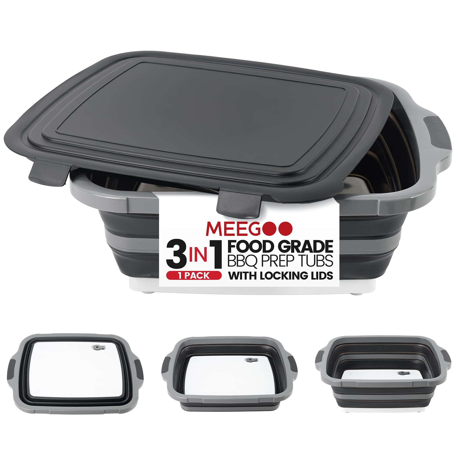 -IN-1 Large 16L Collapsible Cutting Board Prep Tub with Locking Lid Black