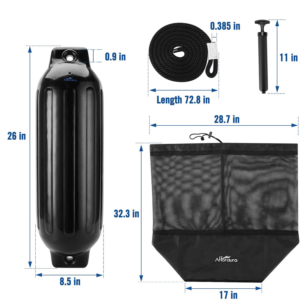 Pack Inflatable Boat Fenders 8.5 Inch with Ropes - Black