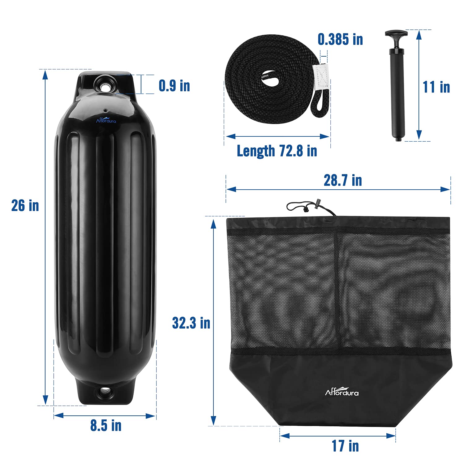 Pack Inflatable Boat Fenders 8.5 Inch with Ropes - Black